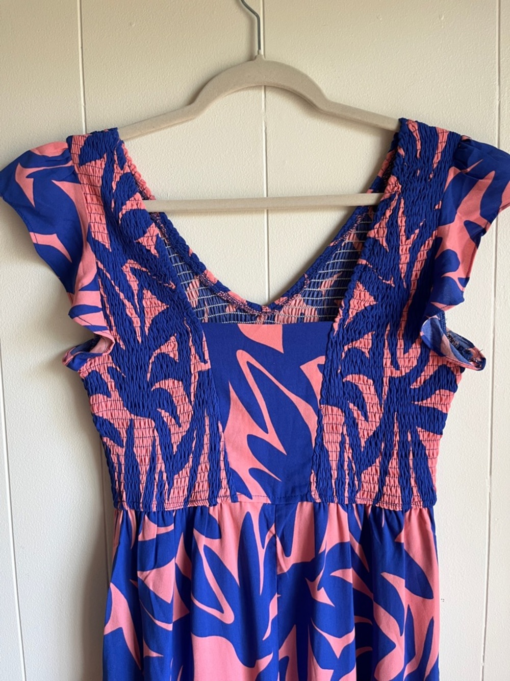 Amazon Pink and Blue V-Neck Ruffle Tropical Beach Easter Maxi Dress Sz Med - Picture 6 of 7
